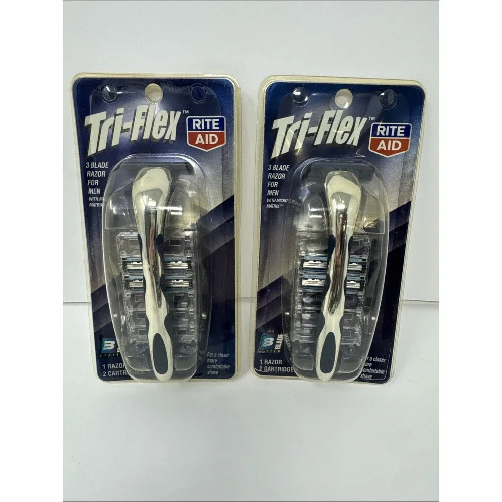 LOT 2 Tri-Flex Rite Aid 3 Blade Razor for Men 1 Razor 2 Cartridges NEW NOS